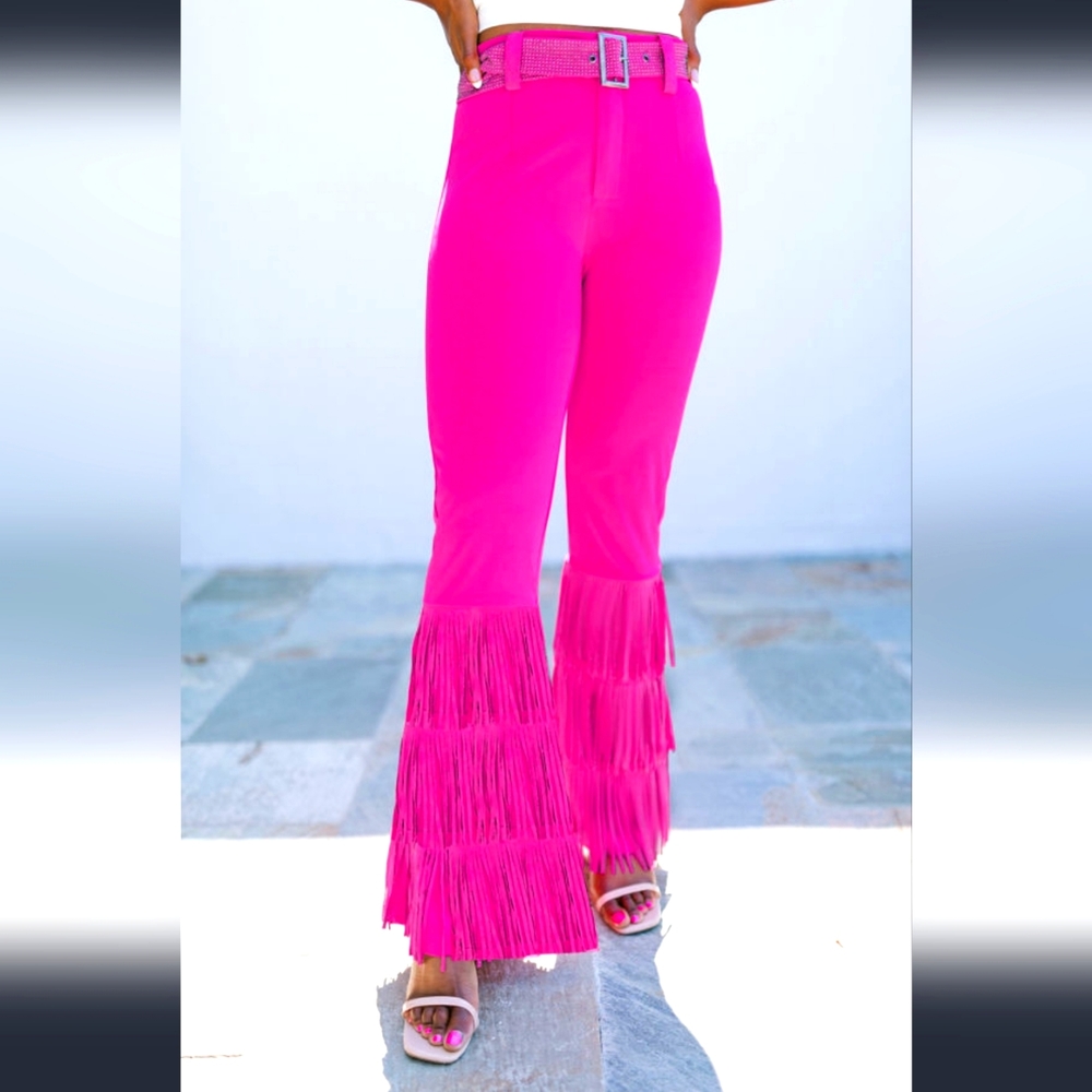 Pink High Waist Flares, fringe pants concerts, Bachelorette party